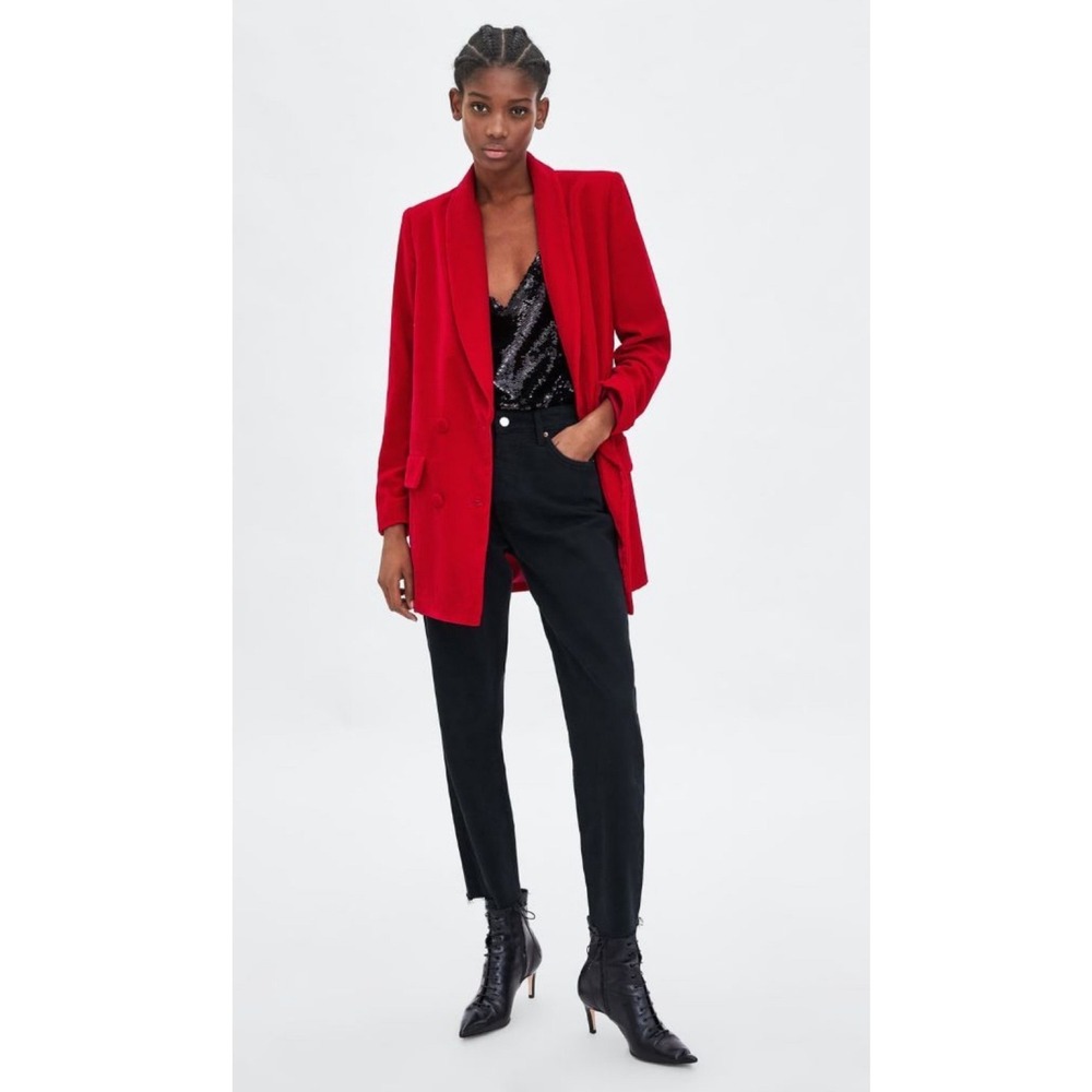 Zara Womens Velvet Blazer S Red Oversized Double Breasted Holiday Office‎ Retro
